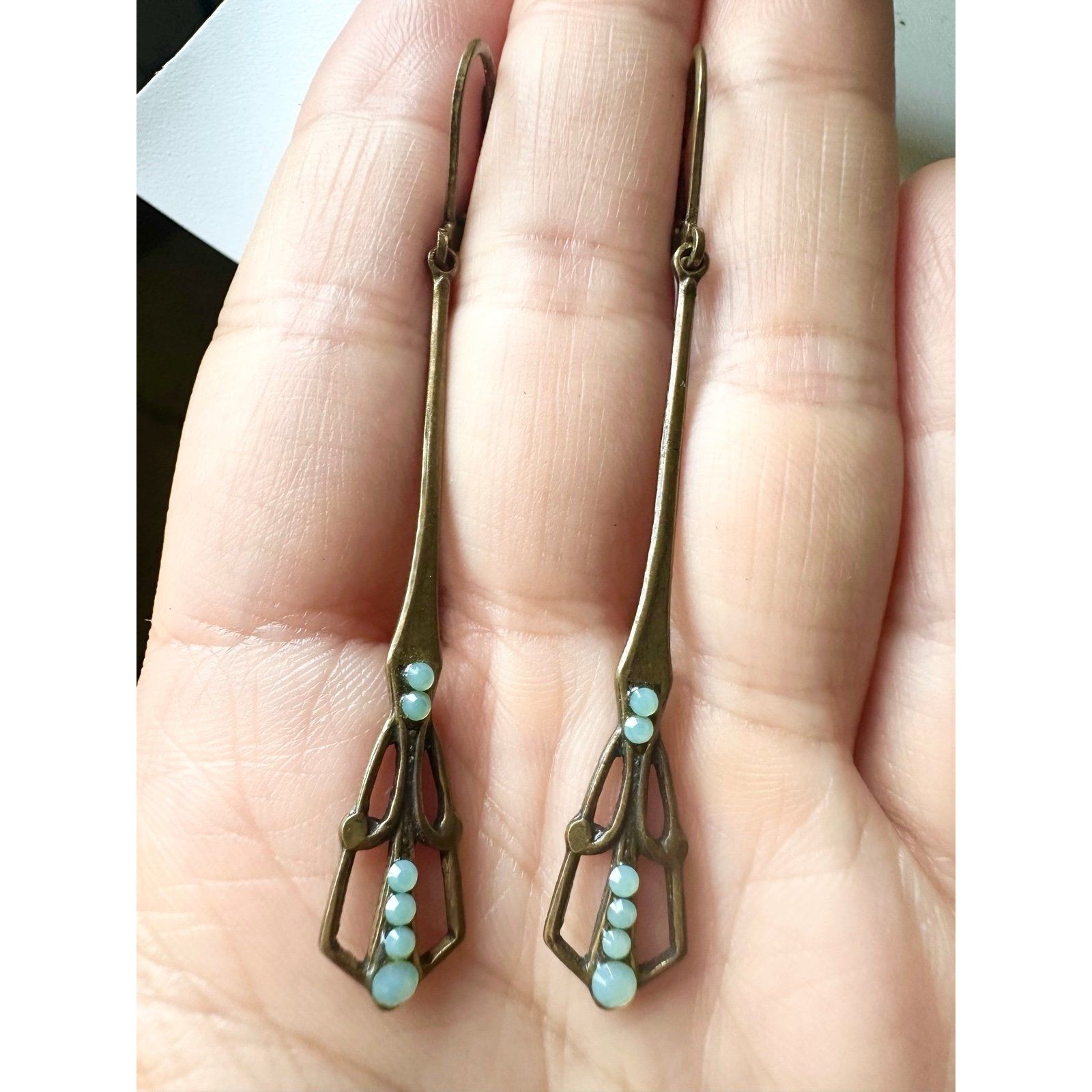 Art Deco Style Blue Rhinestone Lever Back Dangle Earrings
